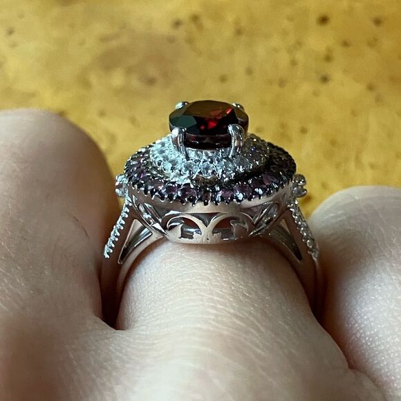 Natural Red Garnet Pink Tourmaline Sterling Silver Double Halo Ring Size 6 - Picture 2 of 9